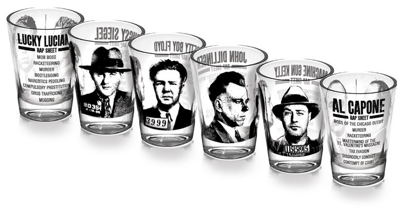 The Unemployed Philosophers Guild Mug Shots - 6 Piece Shot Glass Set of Famous Gangster Mugshots - Comes in Colorful Gift Box - Image 4